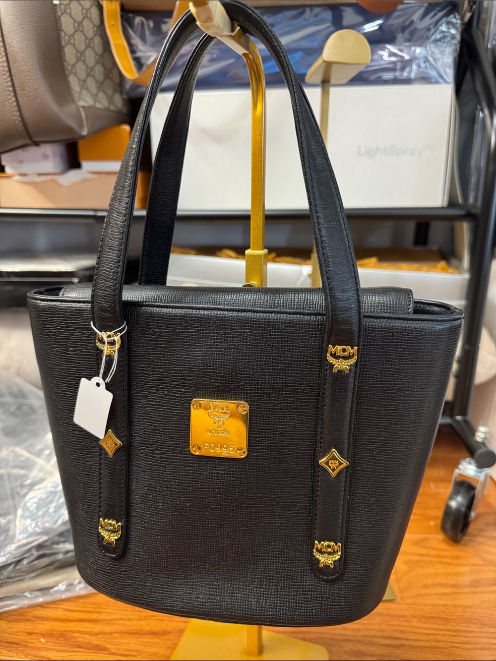 MCM Black Textured Leather mini bucket Tote bag with Gold Plaque